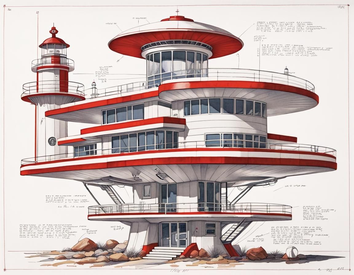 space age multi-level home, slender supports, residents (lig...