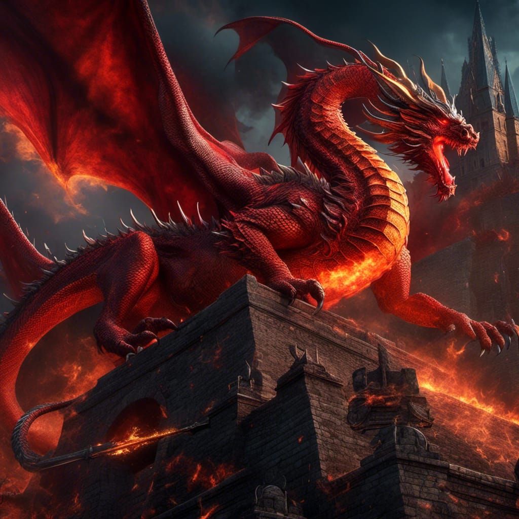 <lora:Trio:1.0> Great Wyrm Red Dragon, setting fire to castle, knights charging in on horseback, great hero on dragon's ...