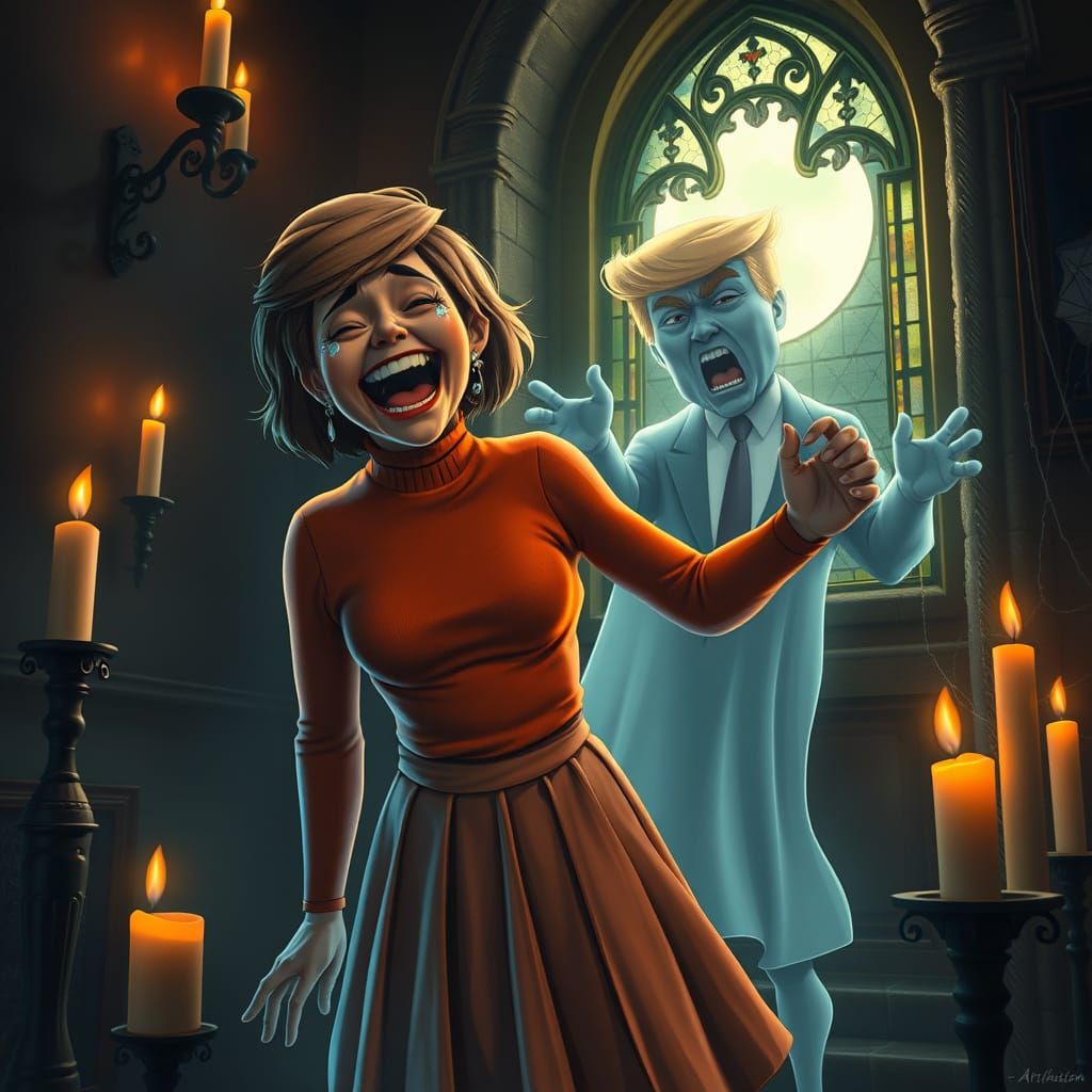 Velma Dinkley laughing hysterically as the ghost of Donald Trump tries ...