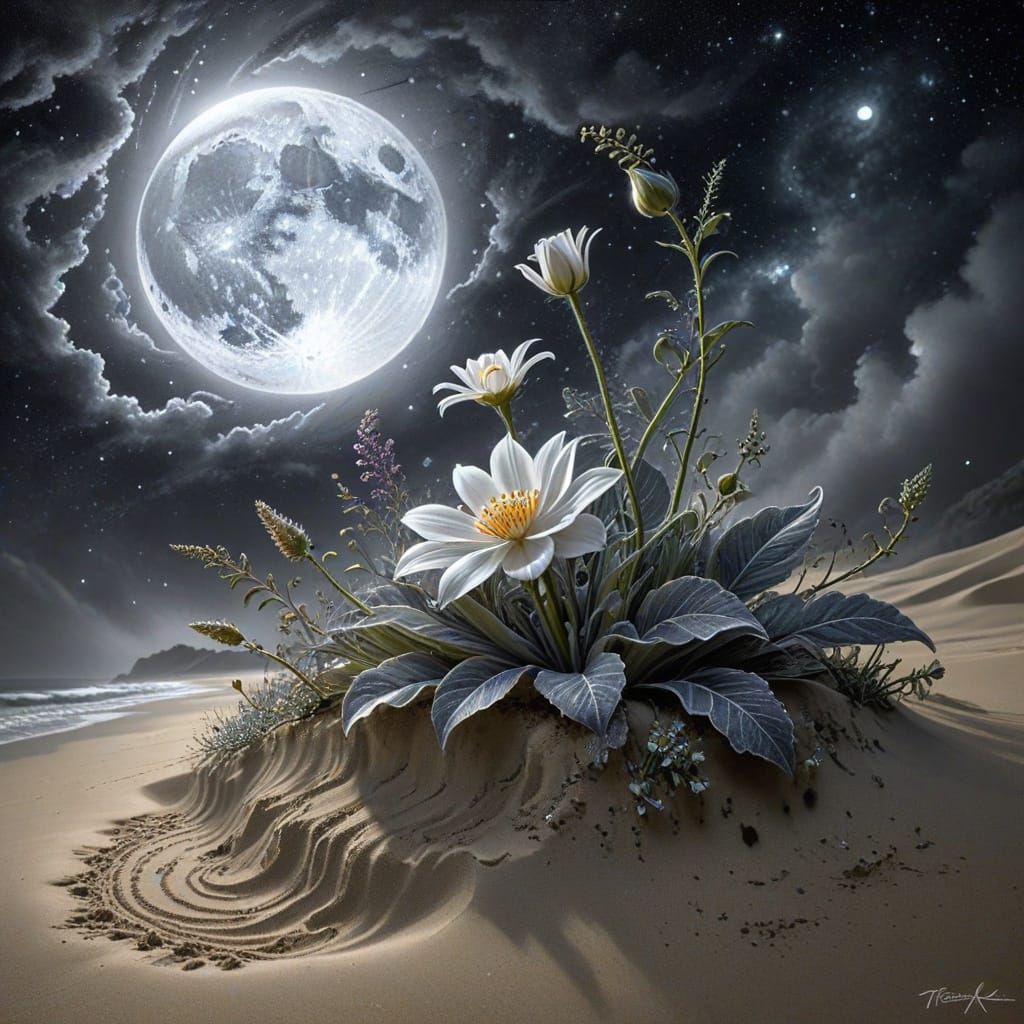 Hyper-detailed charcoal drawing. Medium shot. A rare flower surrounded by swirling sand dust, backlit ...  by @Barabashka