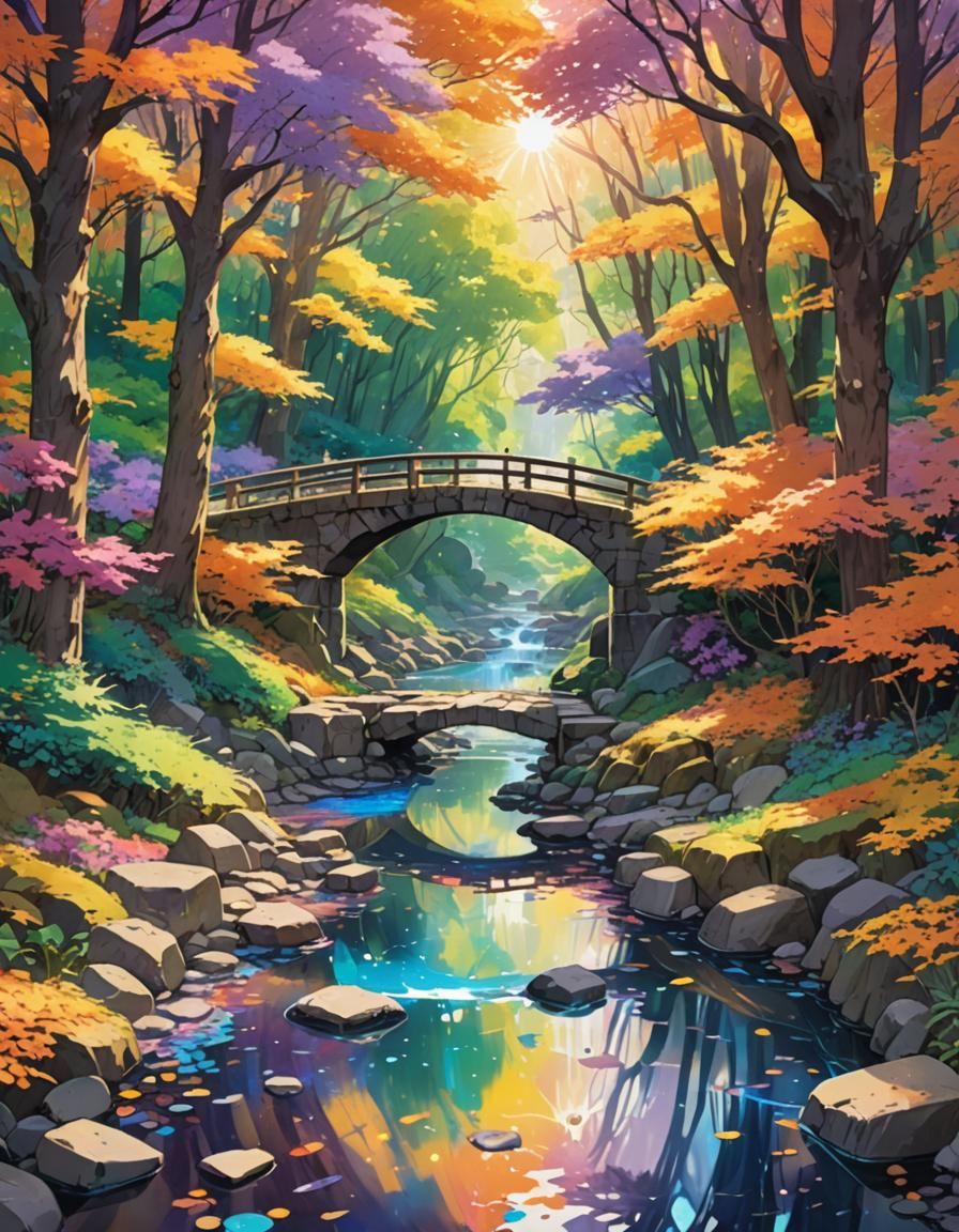 Colorful Anime Bridge Scene with Japanese Watercolor Style