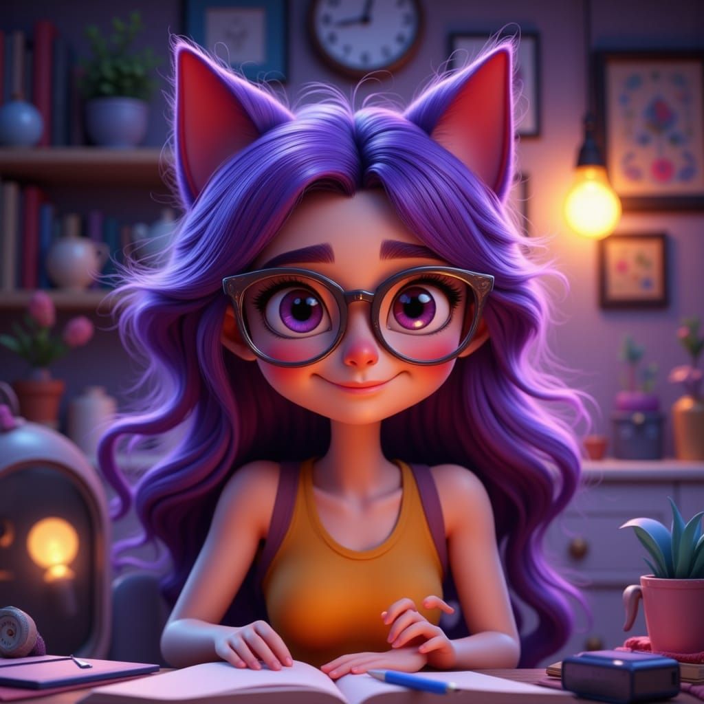 Whimsical Pixar-Style Woman Working at Desk