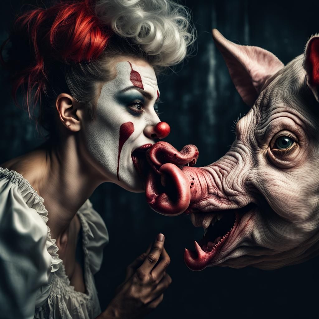Hyperrealistic Evil Clown Woman Licking Pig