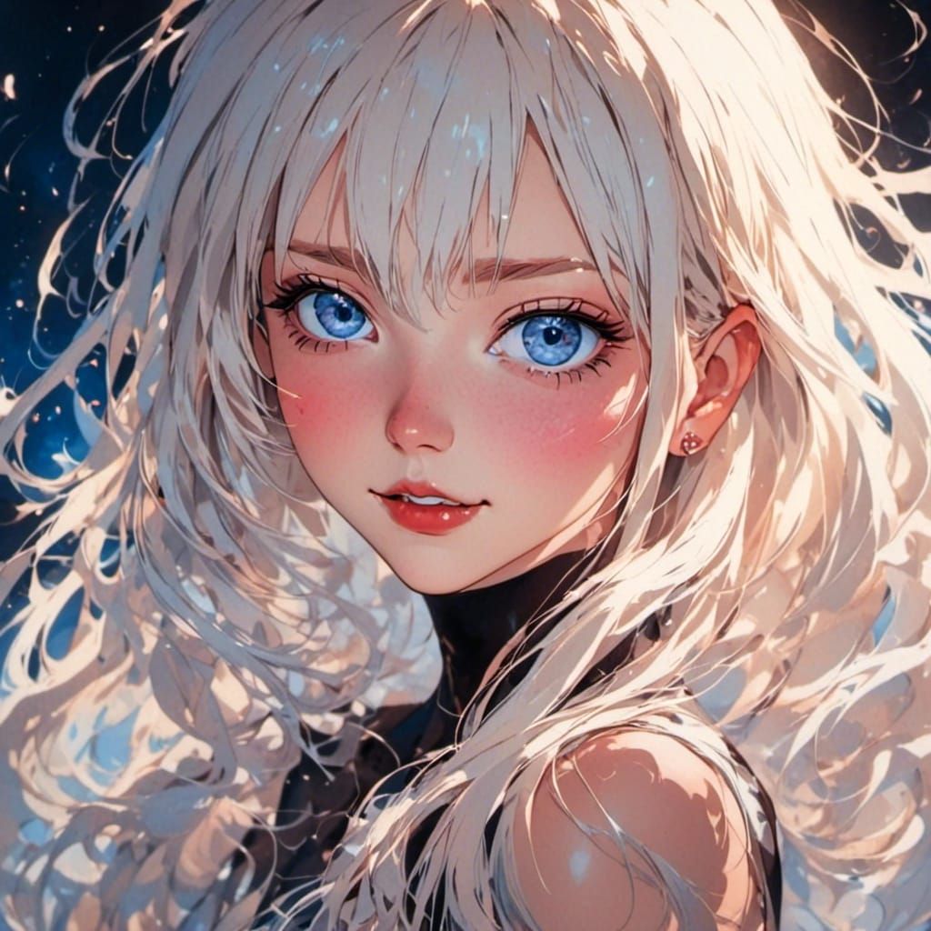 a glowing anime girl sweetly smiling eyes, hybrid, in a liqu...