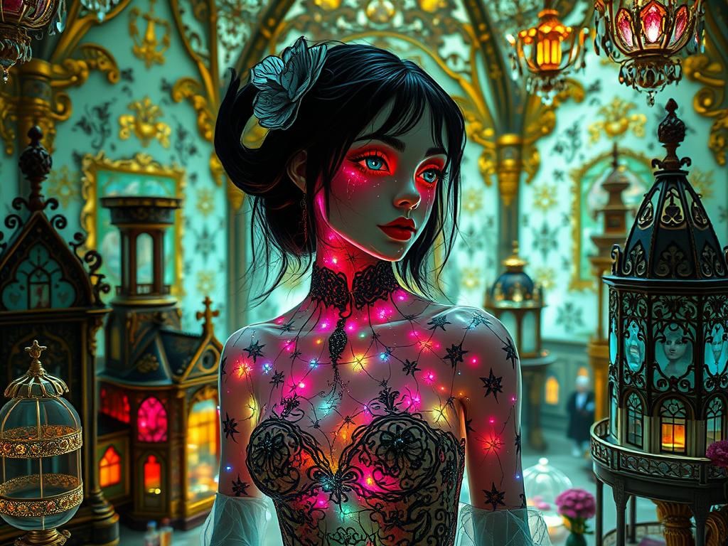 Gothic Fiber-Optic Girl in Art Nouveau Dollhouse