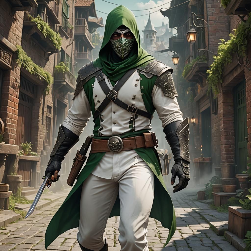 handsome masked thief, white sash, opened green shirt, white...