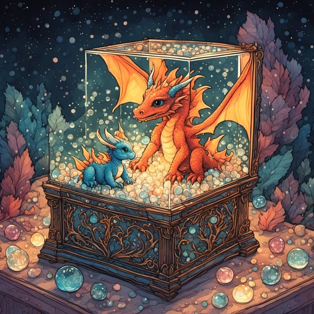A cute miniature baby dragon sitting in a glass jewelry box overflowing with glowing glass jewelry. <lora:Brewed from Mistakes:1.0> 