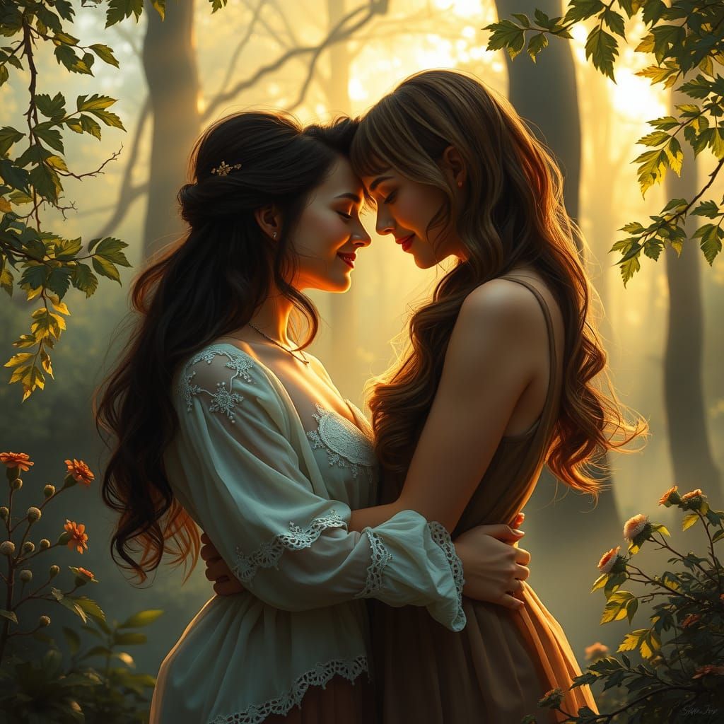 Lesbian couple on a date in the forest