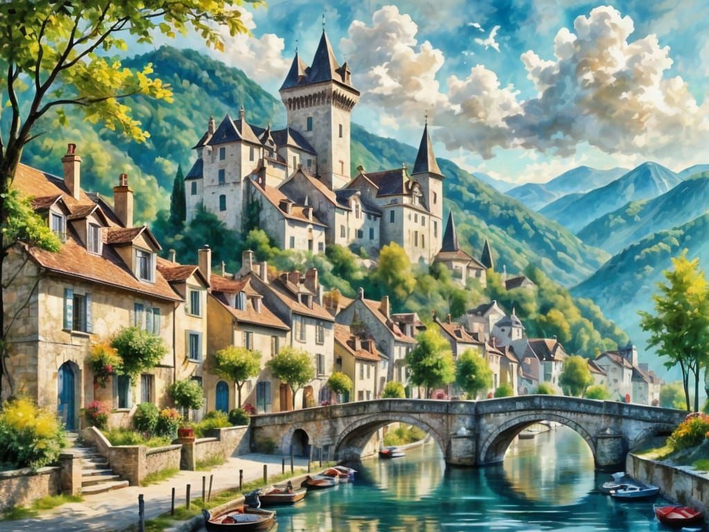 Charming French Alpine Town with Château and Canal in Impast...