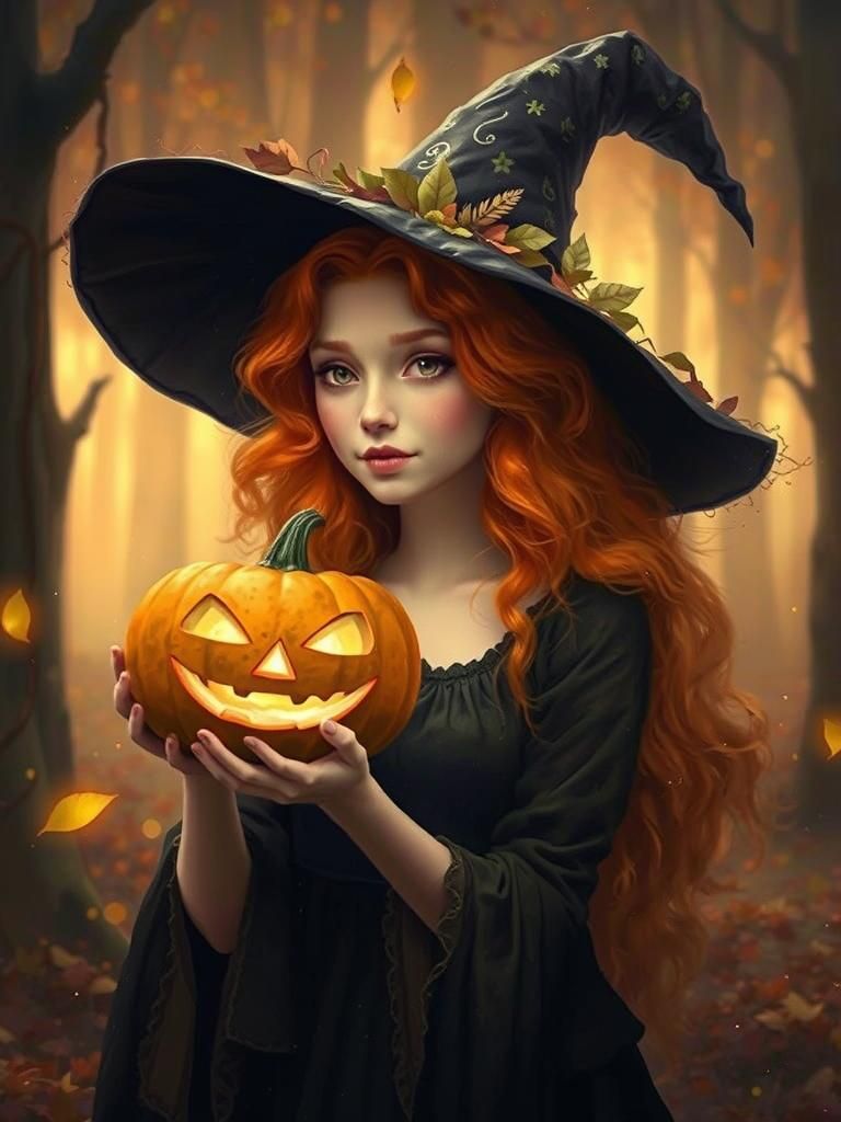 Whimsical digital art. Medium shot. A young witch holding a ...