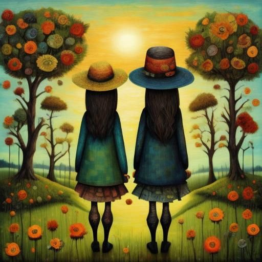 <lora:Surreal Art Brut v2:1.0> Scarecrow friends walking forest surreal art brut 