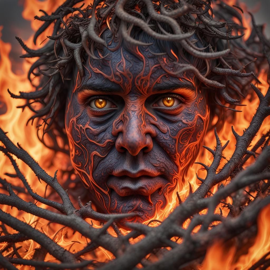 RAW closeup photo a face in the burning bush, fire, smoke, flames ...