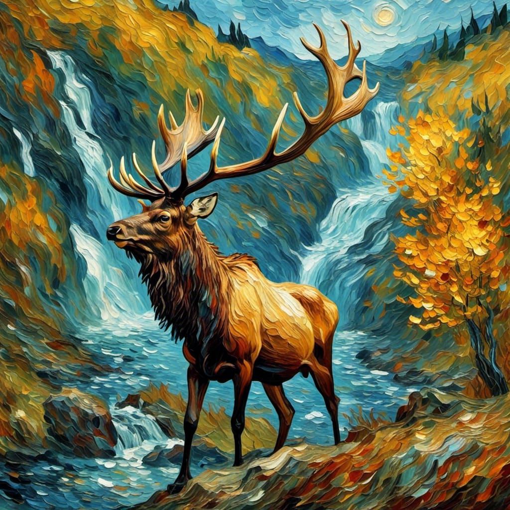 <lora:Van-Mo:1.0> An impressionist painting masterpiece of an elk standing by a waterfall in cascadia, swirling, paint texture, by Van Gogh