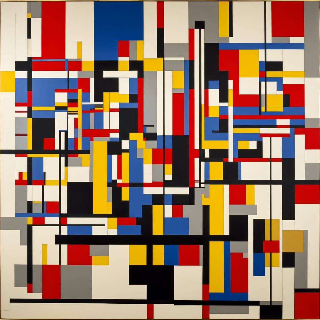 Art by Piet Mondrian, a lively jazz club, geometric abstraction of ...