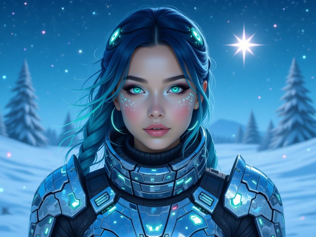 <lora:Aurora:1.0> A woman, wearing combat armor, arctic, glowing