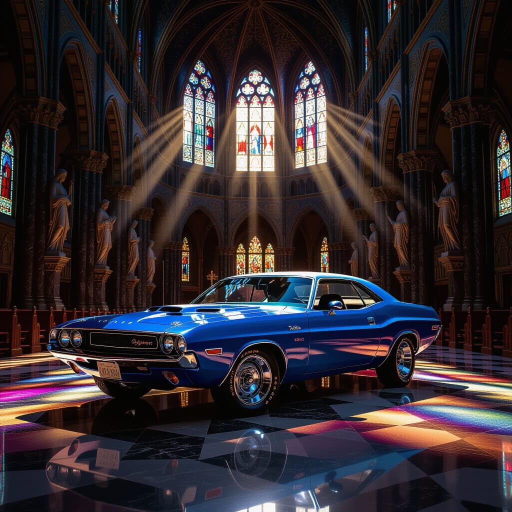 Inside an ancient cathedral, Classic Muscle Cars.
Stained glass windows glow with crimson exhaust.
Marble statues gaze at the gleaming machi...