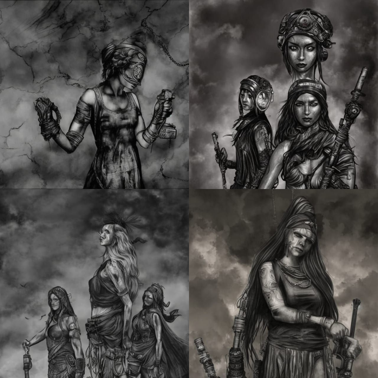 Ancient Goddesses of fate and destiny. Diesel punk. Dystopian. Post