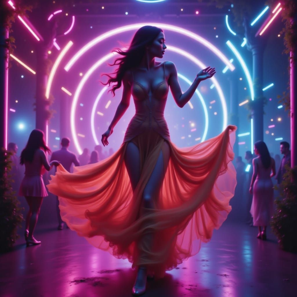 Fashion woman dance elaborate dress colorful neon fantasy location <lora:Dancer Lumina:1.0>