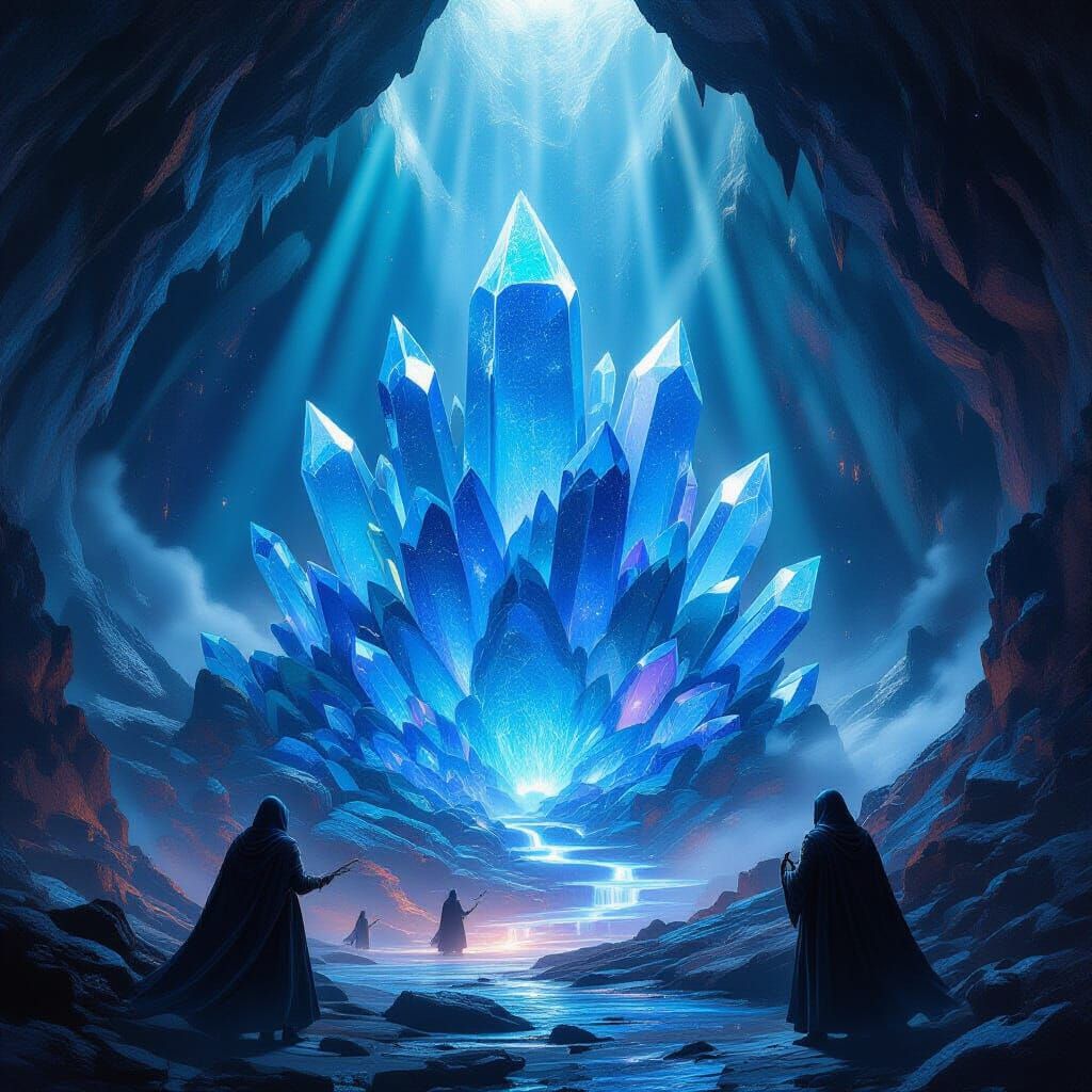 Massive cavern filled with blue and violet glowing crystals, mythical forge powered by starlight, molten magic flowing like rivers, hooded m...