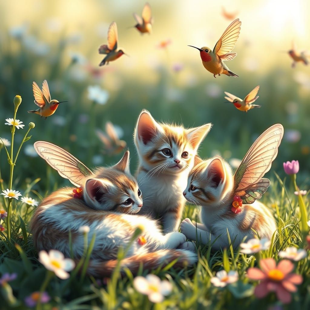 Whimsical Kitten Aviaries in a Vibrant Meadow Scene