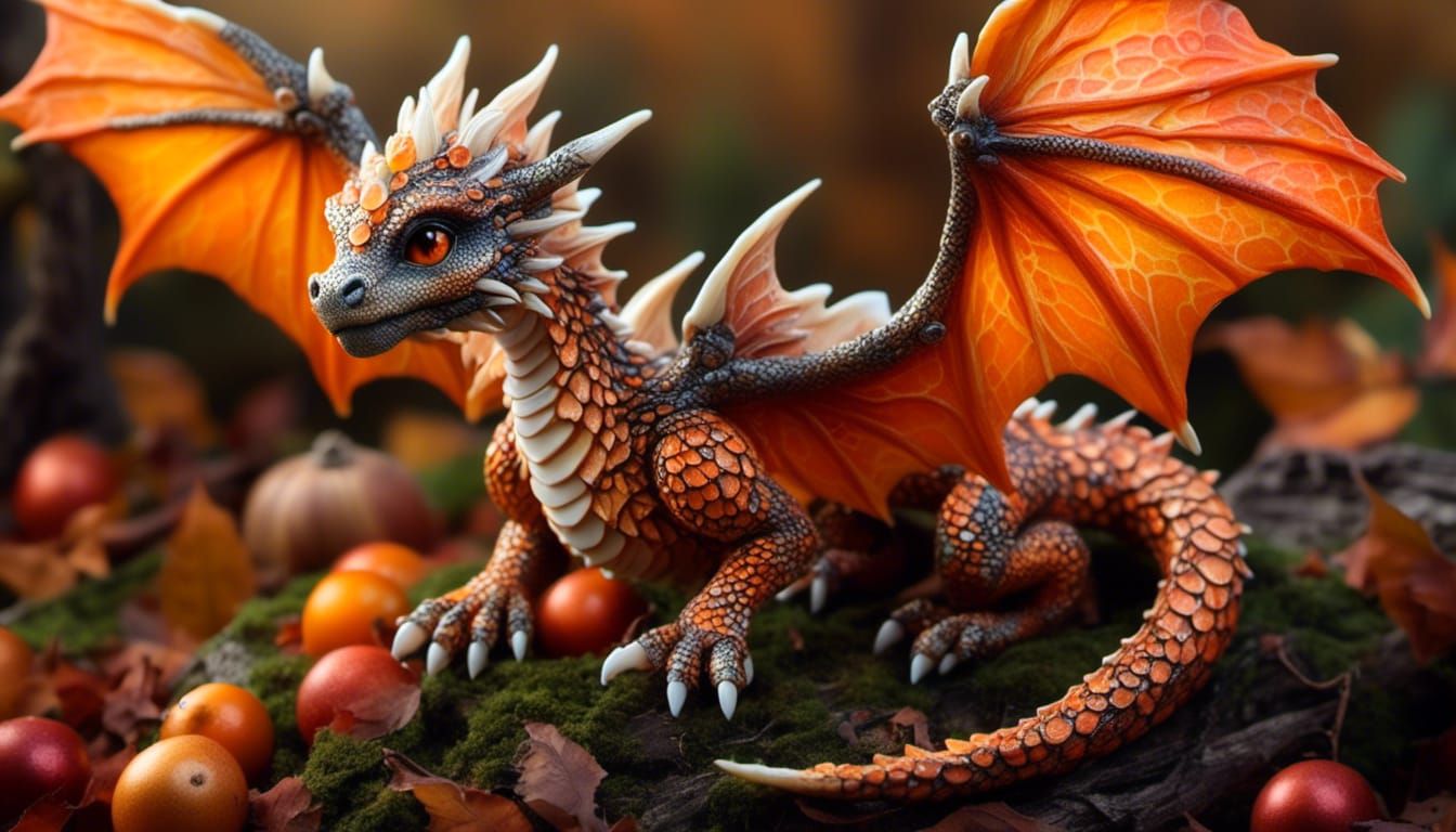 <lora:Real Dragon Hatchlin:1.0> dragon of autumn. Orange scales. Intricate gossamer wings. Long coiling and snaking tail. Four legs with wic...