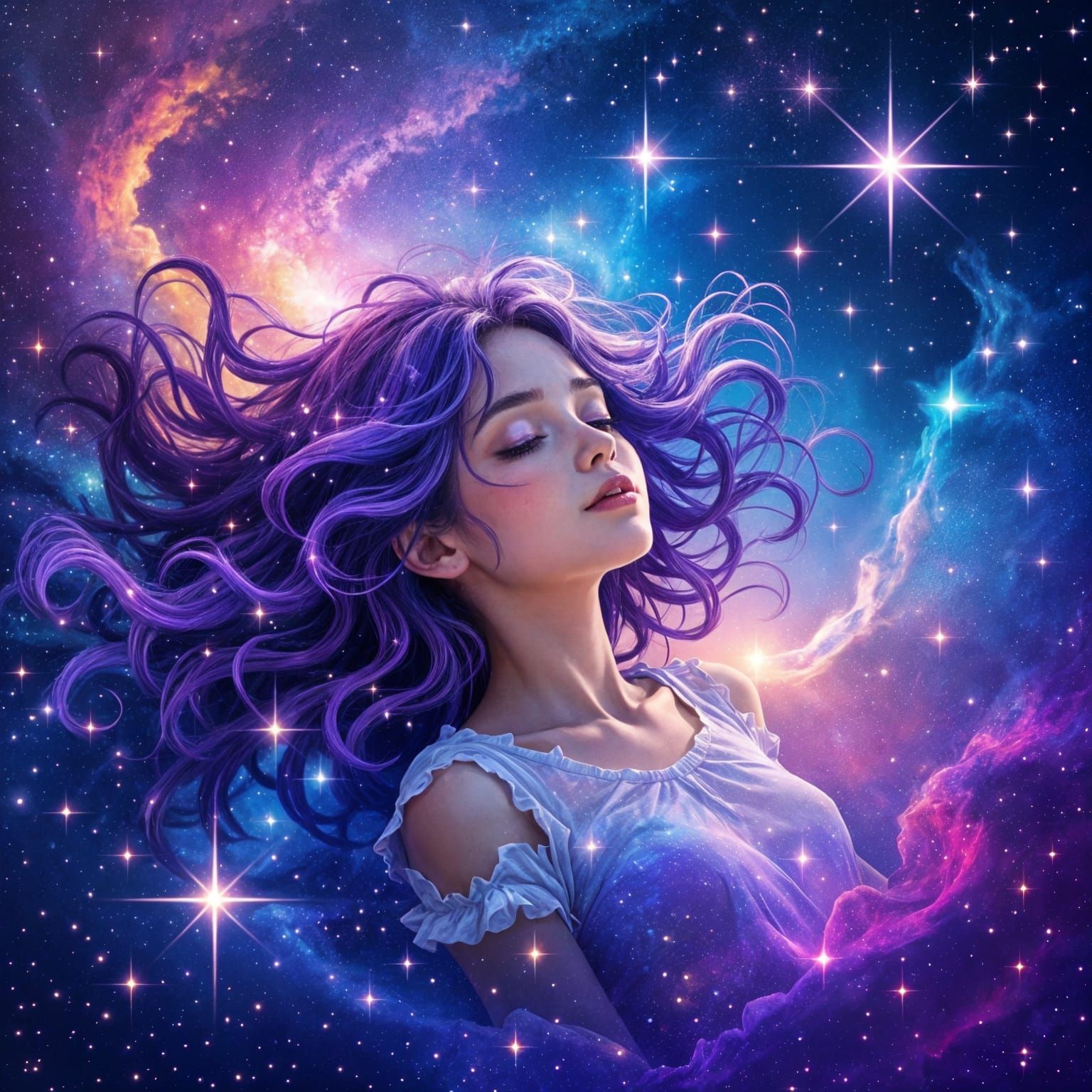 A girl with purple hair, stars around her, in the universe 
