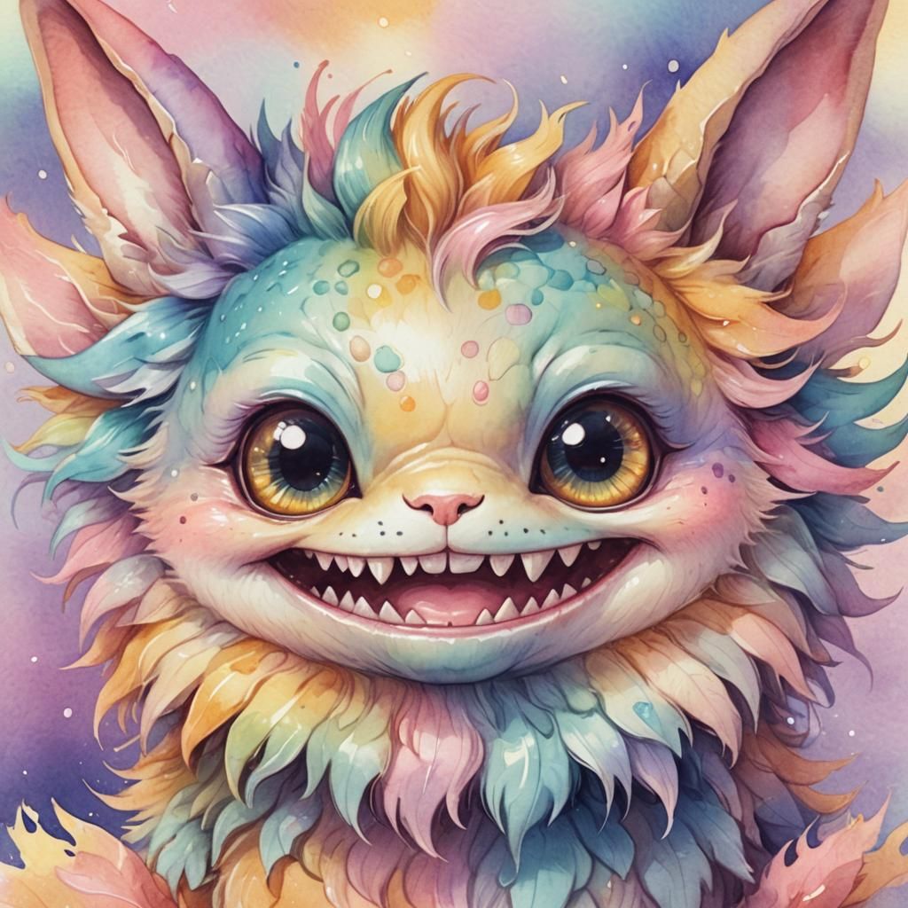 A scary but cute creature  with mischievous eyes, a charming smile, and large brown chibi eyes, gazing ...  by @RAY