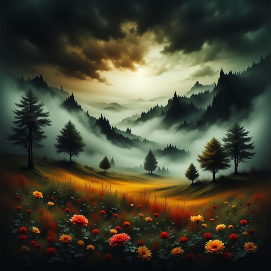 <lora:Landscape Intensity:1.0> Watercolor hazy misty landscape, fantasy, blurred, color gradients, flowers, trees, black sky,  watercolor, s...