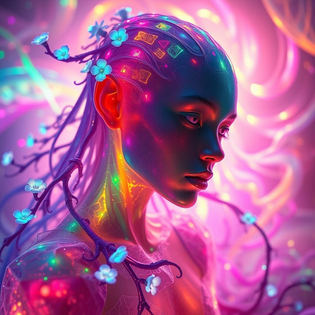 Envision a fantasy realm where bizarre beings and flora radiate with luminous, fluorescent colors. Rendered ...  by @Pinto