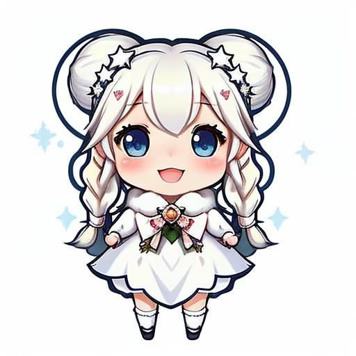 <lora:KawaiiCartoon SD15:1.0> Full body, A sweet baby snow fairy girl with freckles sports two braids in her long, white-blonde hair as she...
