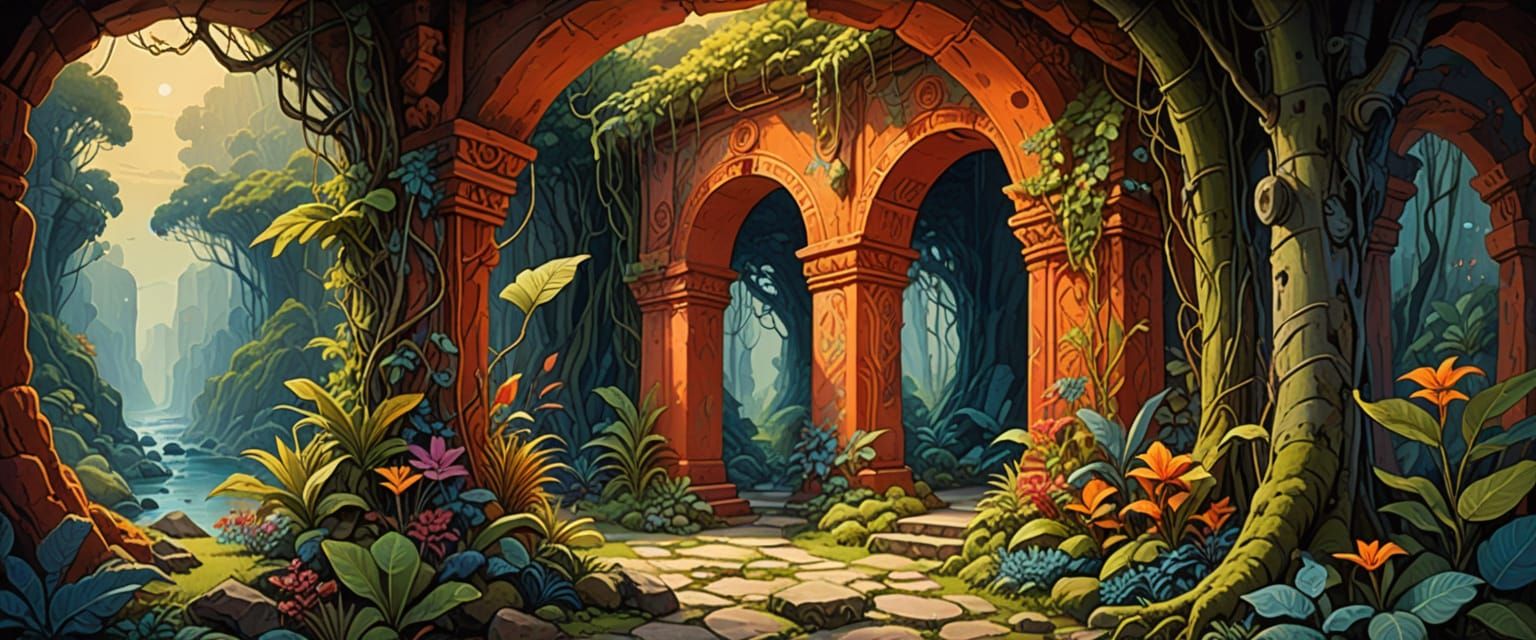 mysterious passageway, tunnels, orange-red, mossy green, indigo blue, color lighting, ancient papua new guinea tiki mugs, intricately carved...