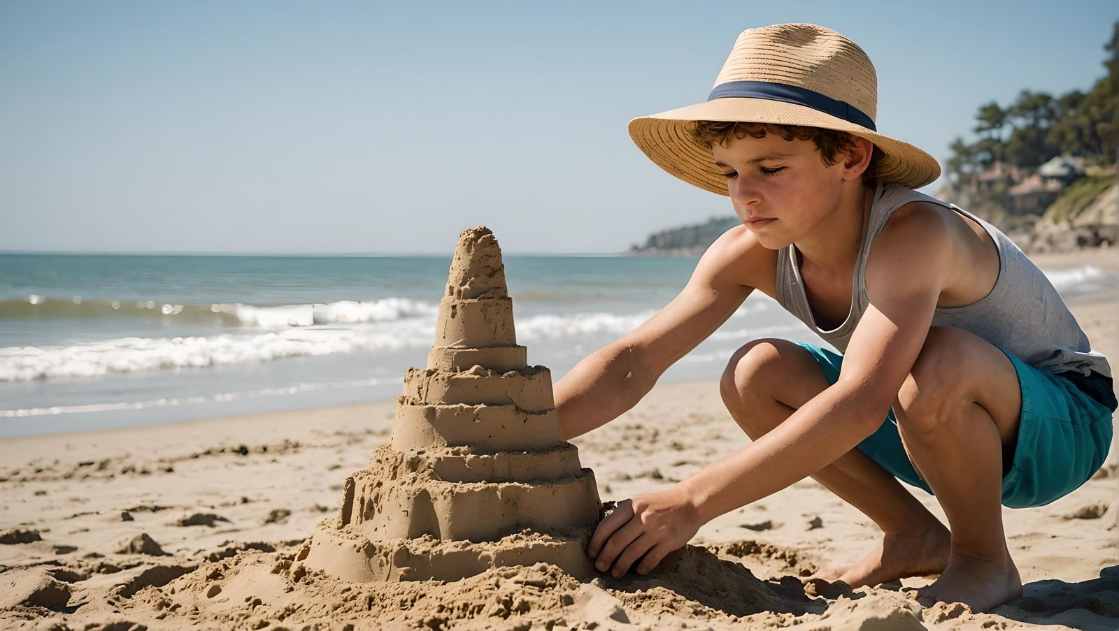 (Lifestyle photography:1.3) photo of a boy building a sandcastle on the beach, with a focused expression, ...  by @Xuxa