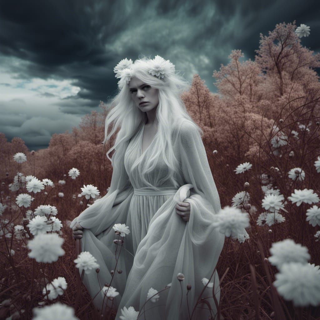 Haunting  infrared photo of a pale white haired fairy like  ...