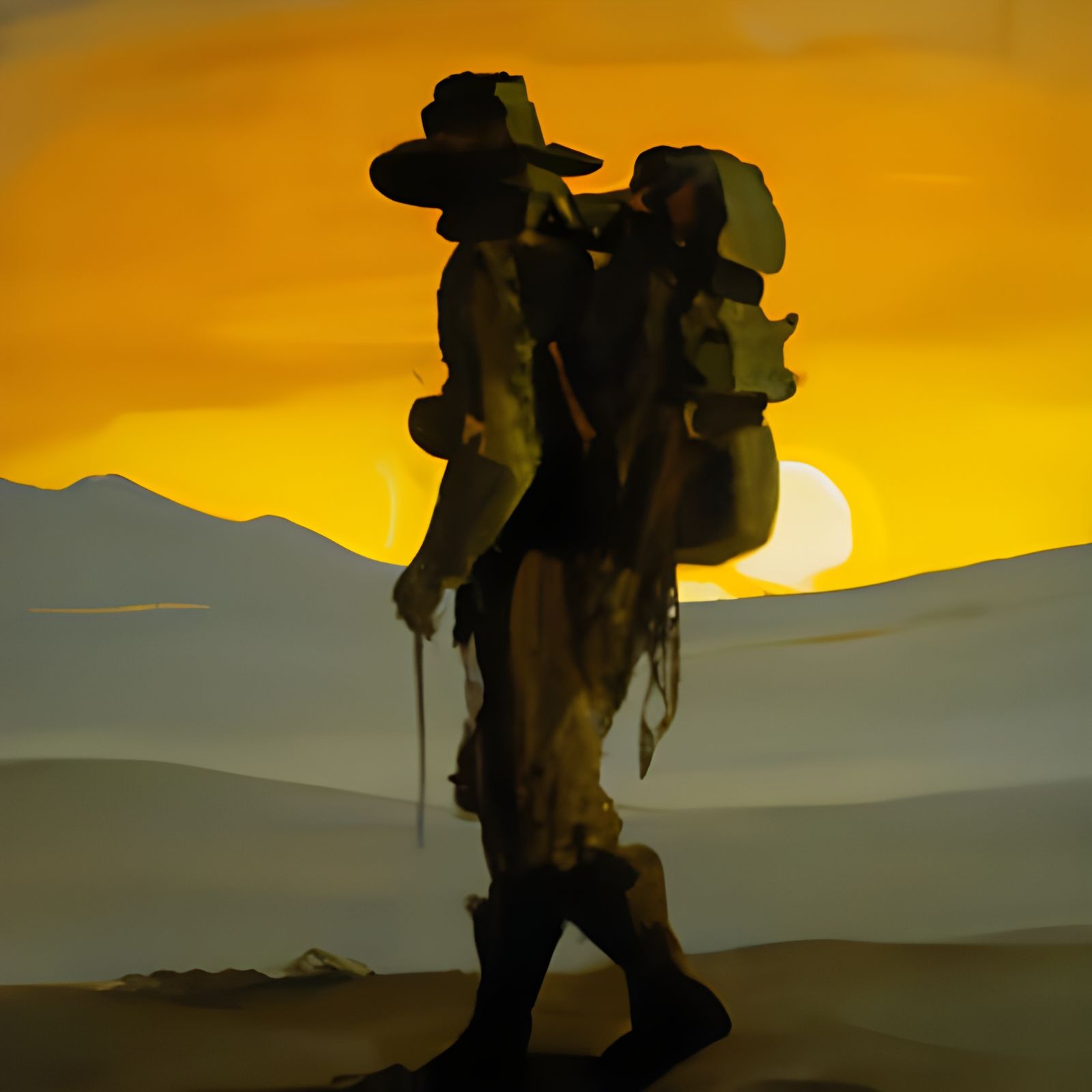 old traveler backpack sunrise silhouette