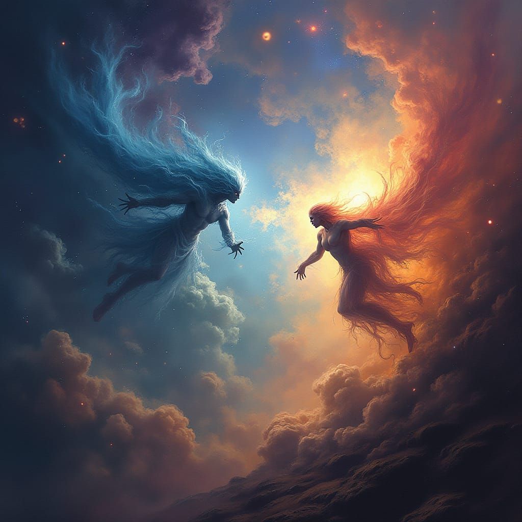 Cosmic Dream Battle: Light vs Shadow in Surreal Space