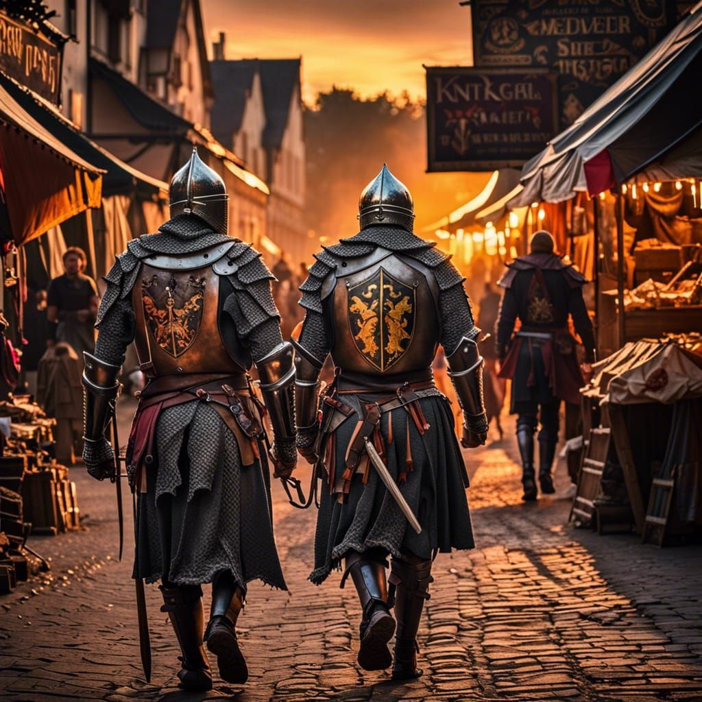 Knights patrol on the medievel market