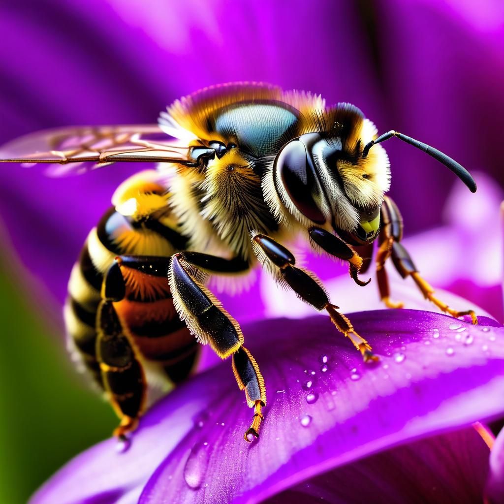 Macro Photography of a bee perched on a purple orchid flower...