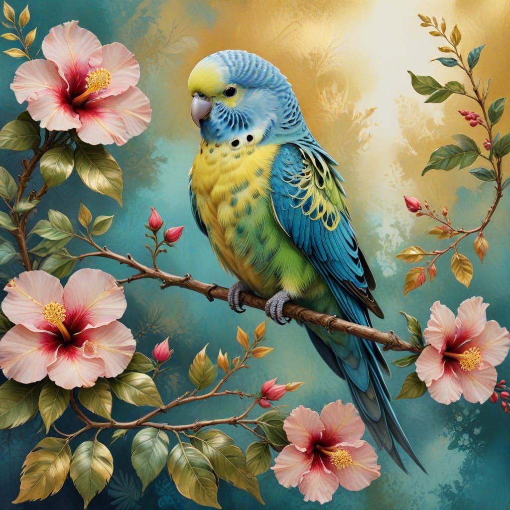 Fluffy Budgie on Hibiscus Branch in Maximalist Painting Styl...