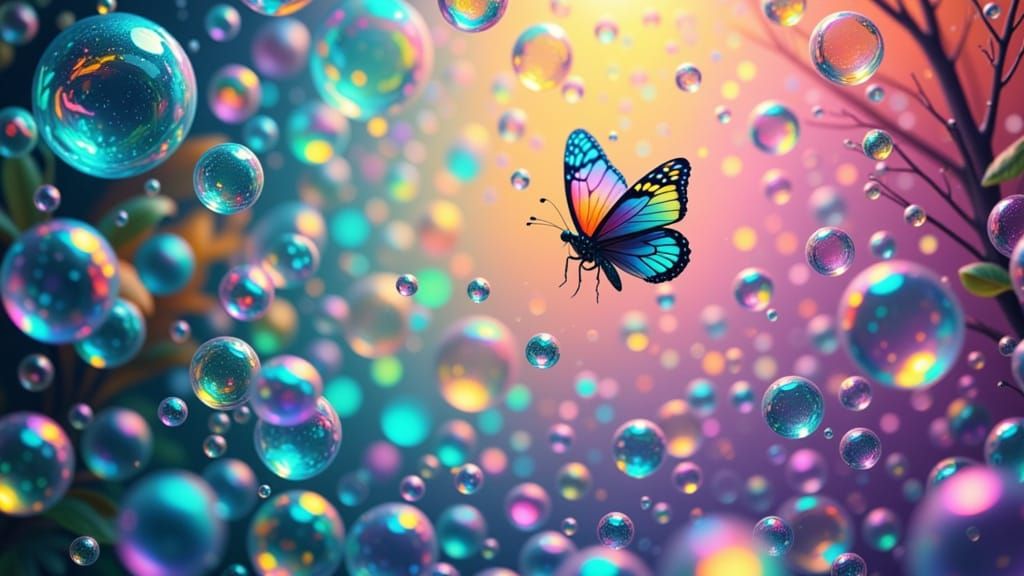 million bubbles, a cute butterfly in the forest, Glowing and shimmering landscape of bubbles trees <lora:Zeste-Citron Bubble1:1.0>