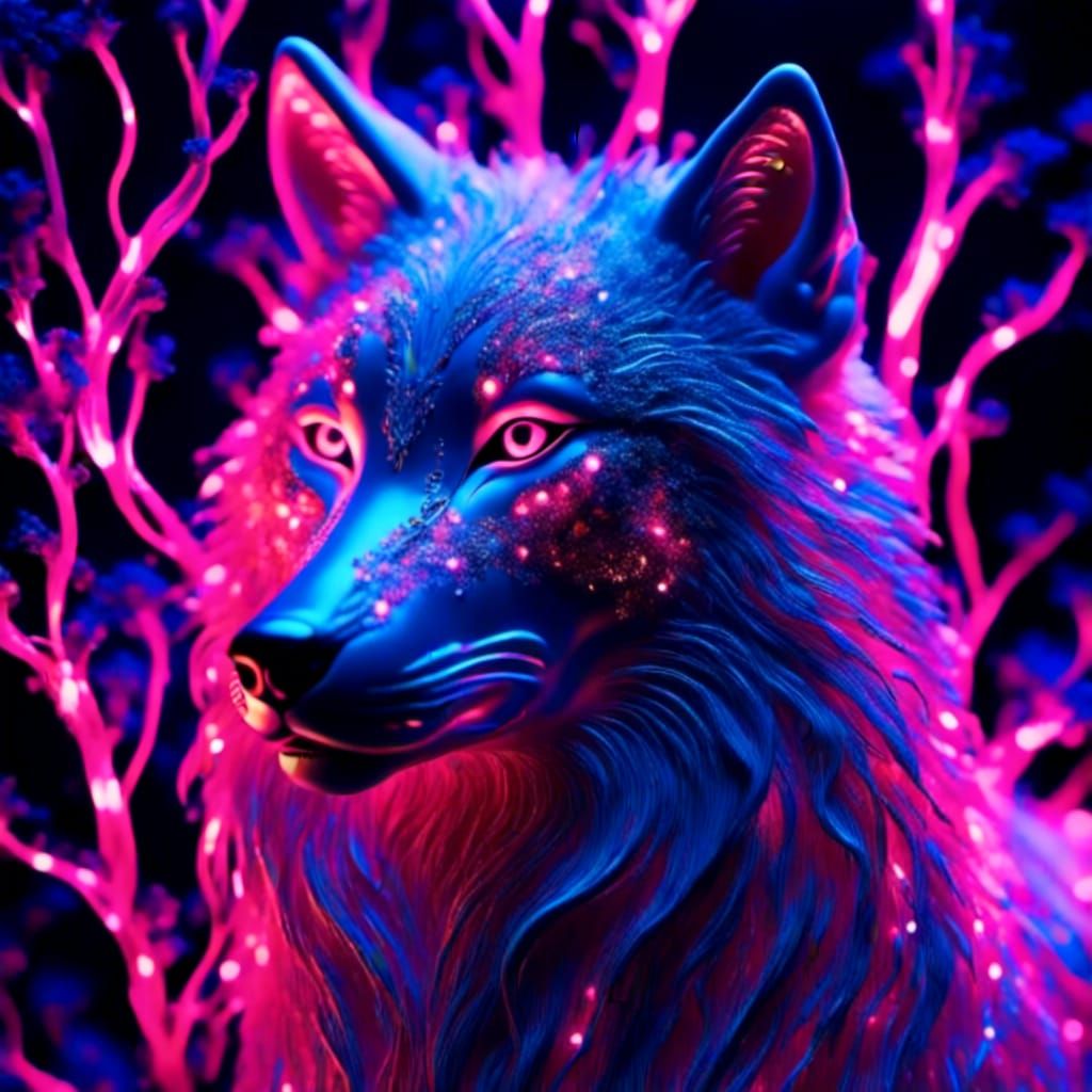 <lora:Murraypunk v2:1.0>  <lora:The Luminous Game:1.0>Envision a captivating close-up of a wolf, its fur adorned with bioluminescent luminou...