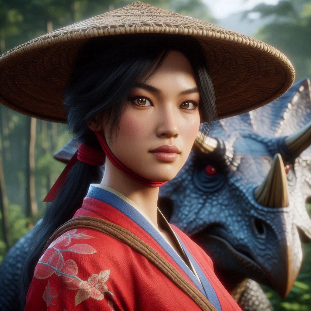 Kitana with a triceratops in prehistoric times