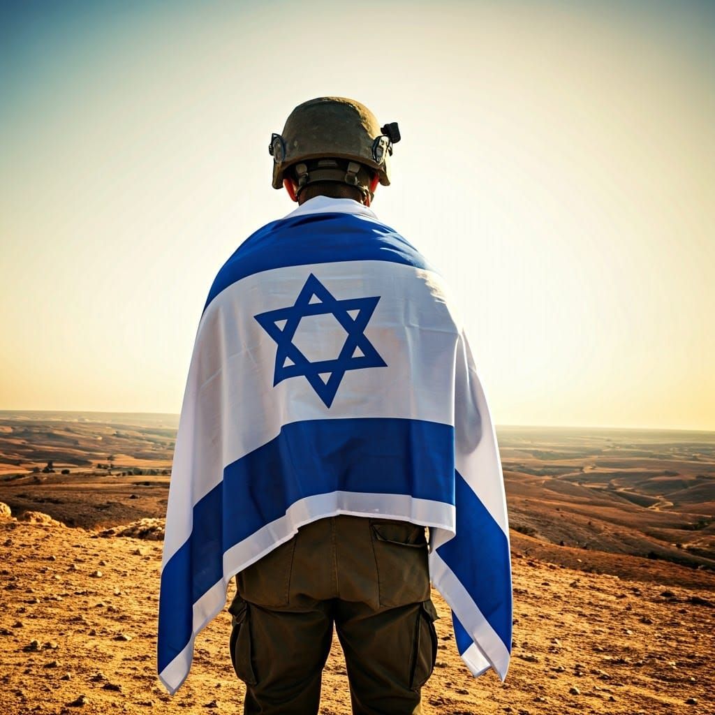Solemn Israeli Soldier Under Majestic Israeli Flag