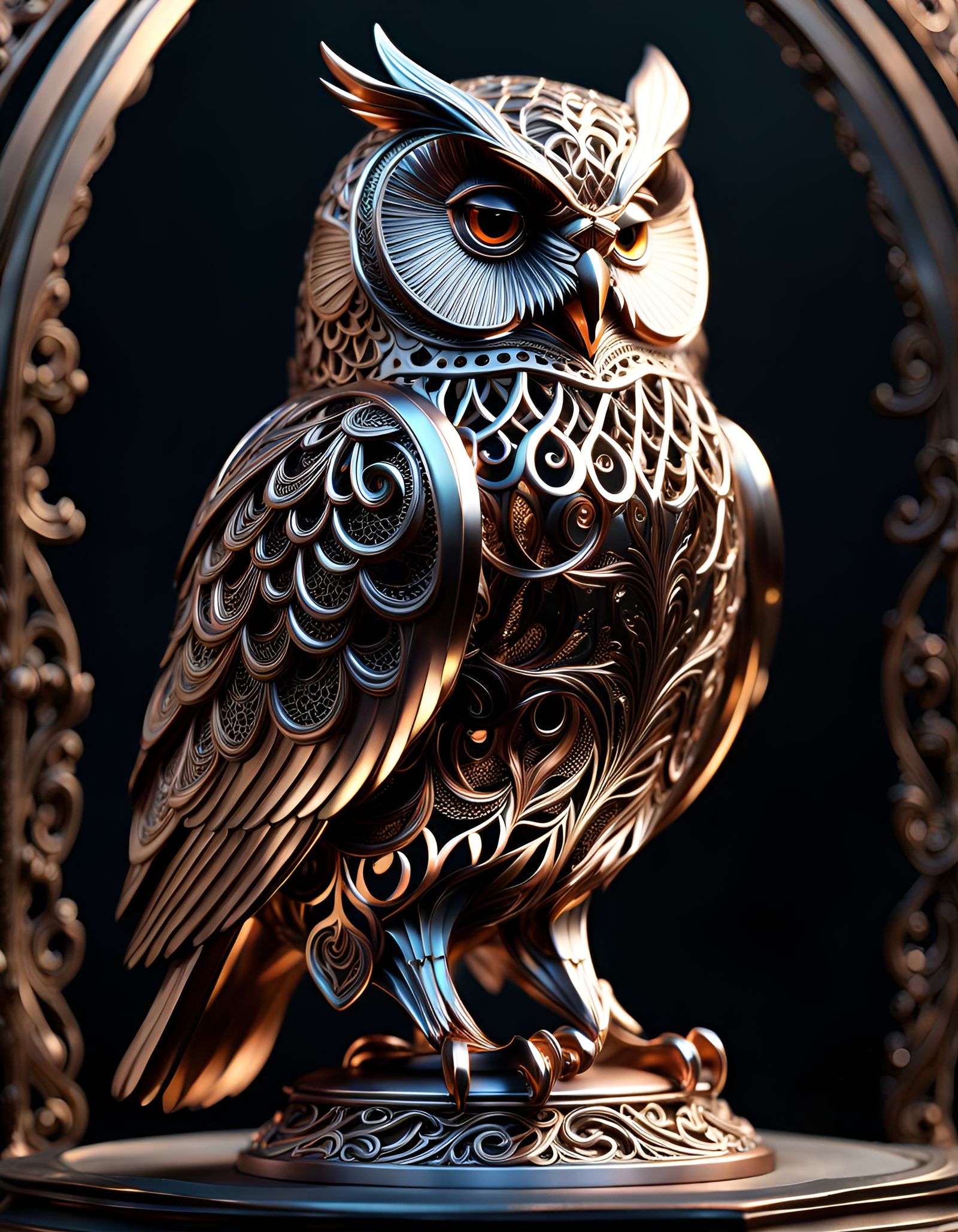  copper and silver statuette of owl  by @tsahel