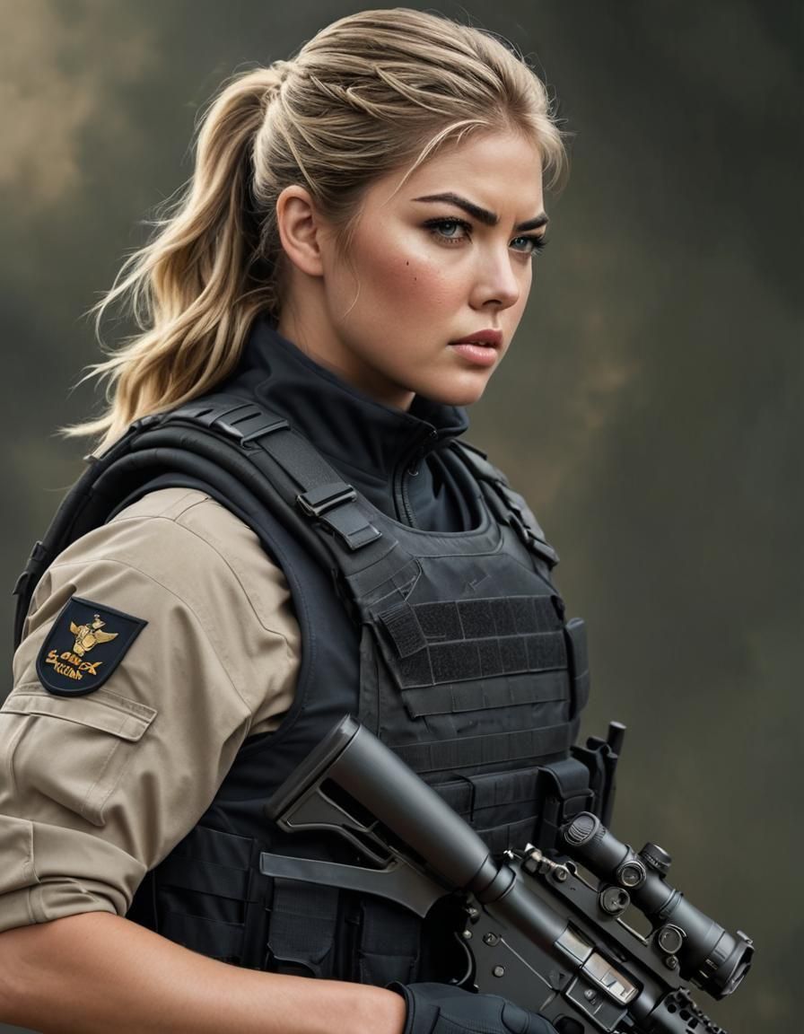 full body, Kate Upton as A Navy SEAL. Clad in a sleek black tactical uniform and donning combat gear. Wears a tactical vest adorned wit...