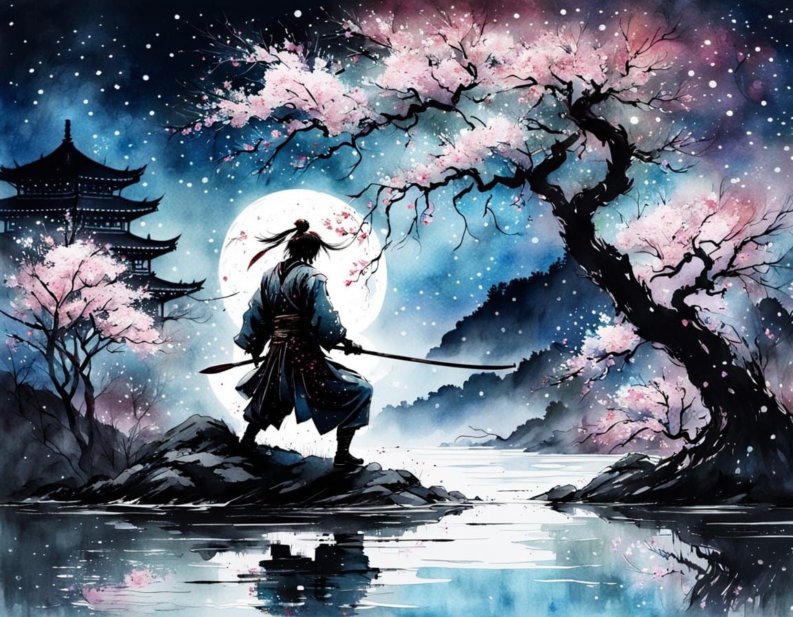 the silhouette of a samurai practising with his sword by a river under a cherry blossom tree, moonlight, ...  by @Kindly Offer