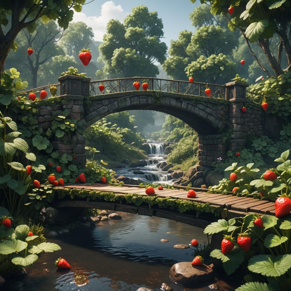 Strawberry on Bridge in Fantastical Landscape