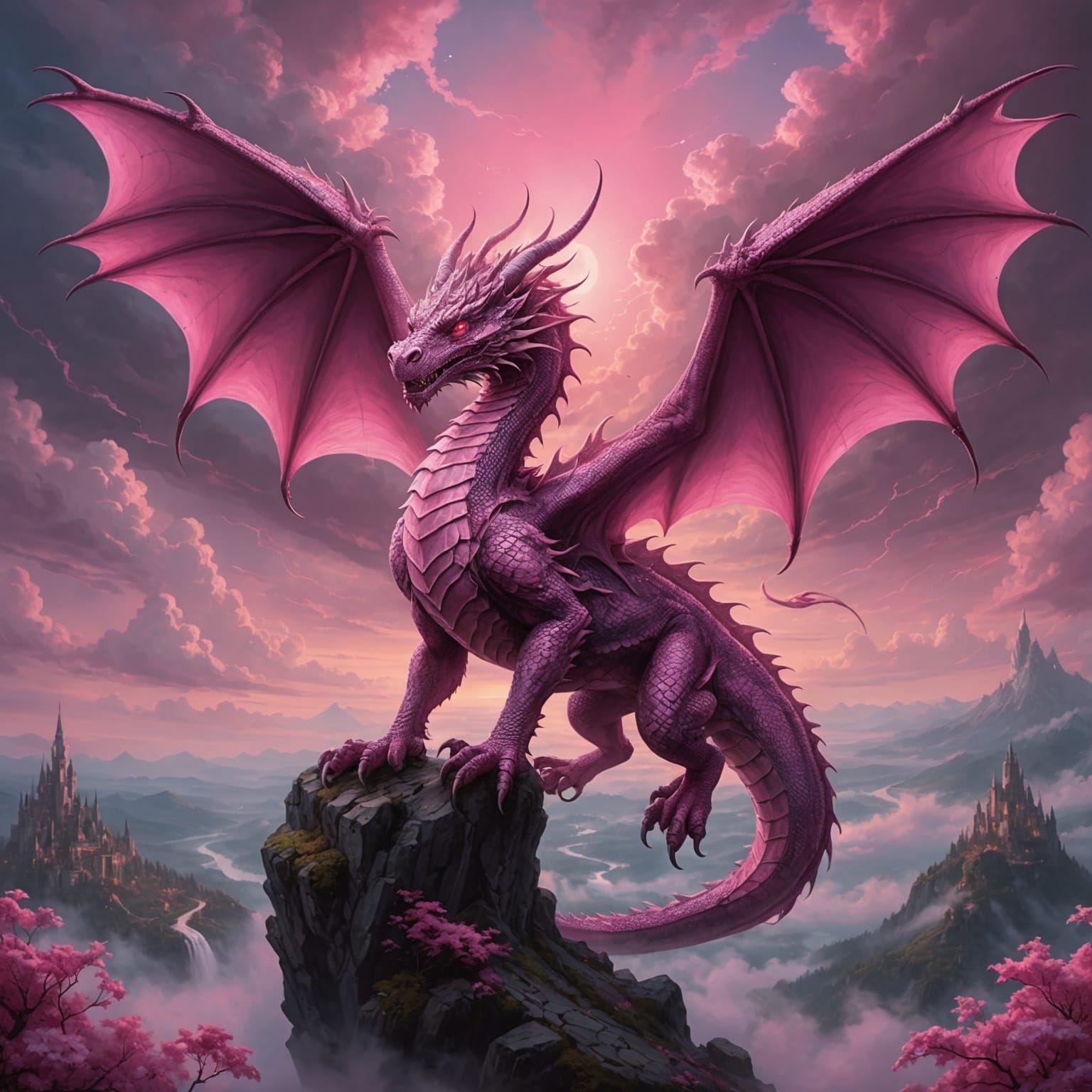 a light pink dragon with sparkly neon pink eyes flies above ...