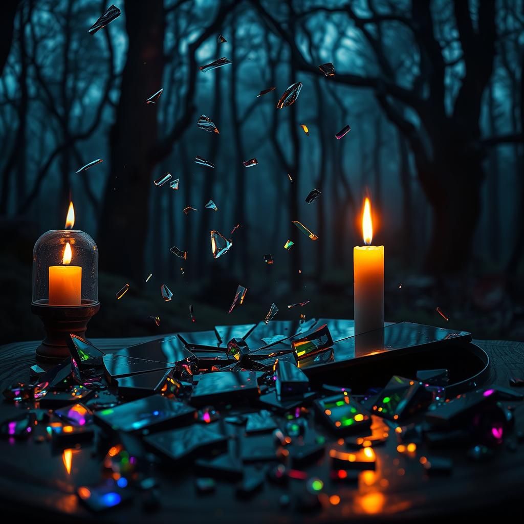 A captivating dark fantasy scene of a shattered mirror, with...