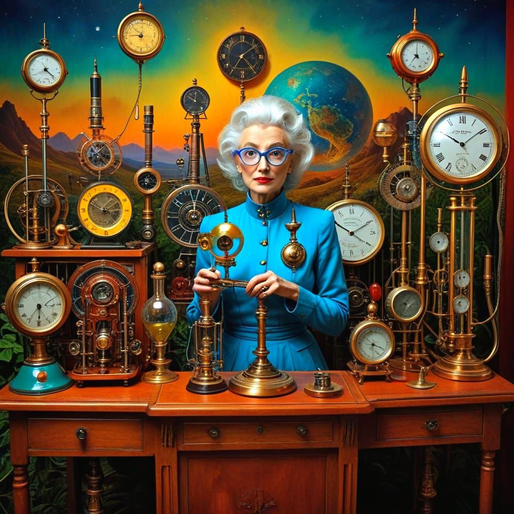 Surrealistic Lady in Vibrant Attire Repairs Antique Instrume...