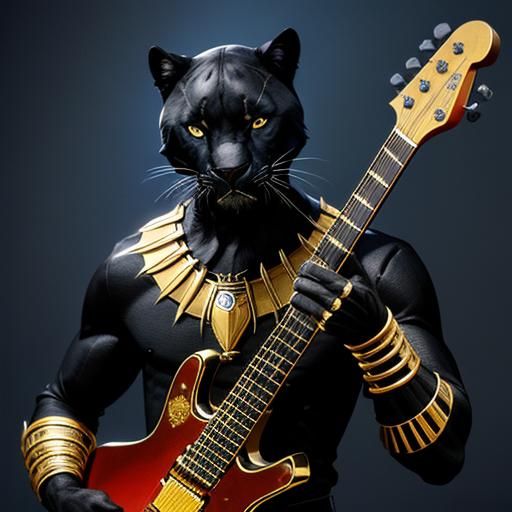 A beautiful black panther playing a gold guitar